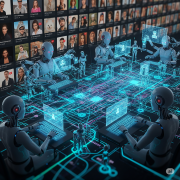 A metaphorical image of a complex, glowing network of algorithms and automation, with sleek robotic figures managing fake Instagram accounts. The background is a digital landscape with fake profile pictures and usernames, highlighting the automated and technological nature of the process.