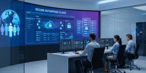 Enterprise technology environment showing a secure private cloud platform, digital workforce icons, encrypted data streams, and professionals monitoring cloud infrastructure dashboards — modern, clean, and futuristic technology aesthetic.